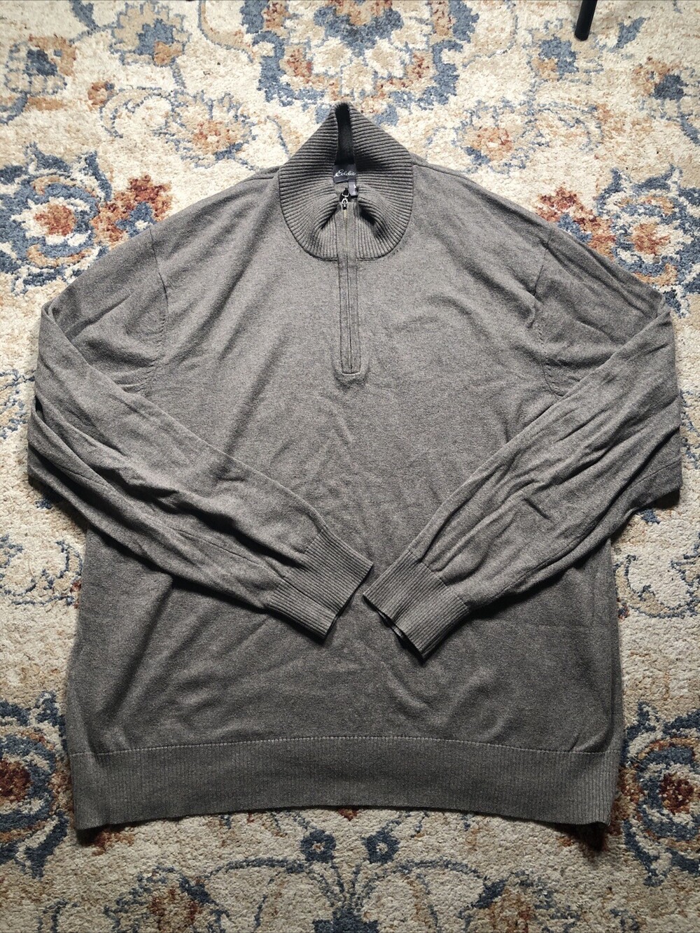 Eddie Bauer Pullover Sweater Mens XL Gray 1/4 Zip Cotton Merino